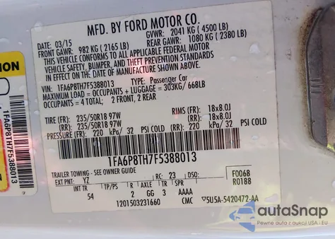 2015 Ford Mustang Ecoboost z USA, uszkodzony, nr VIN 1FA6P8TH7F5388013